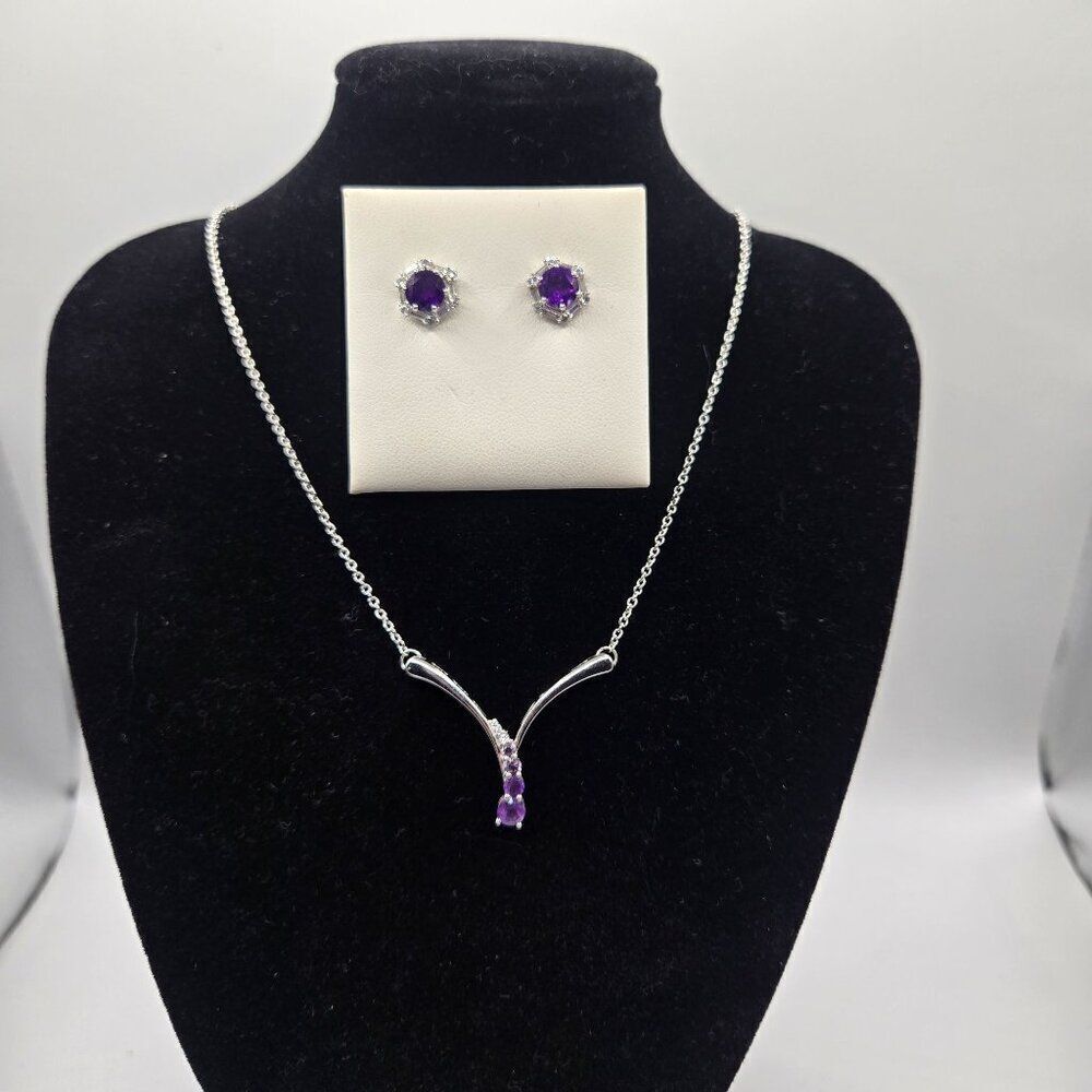 Sterling Silver 925 Purple Amethyst Necklace Studs Earrings Set Cubic Zirconia